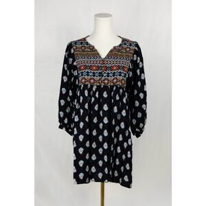 Christian Caliendo Size L Dress Peasant Embroidered Navajo Print Black